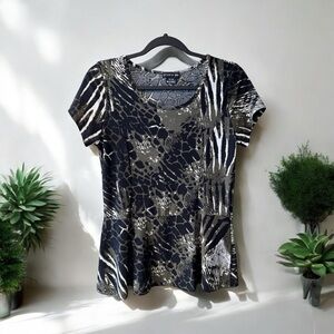 Studio 59 Olive Green & Black Animal Print s/s Peplum Top